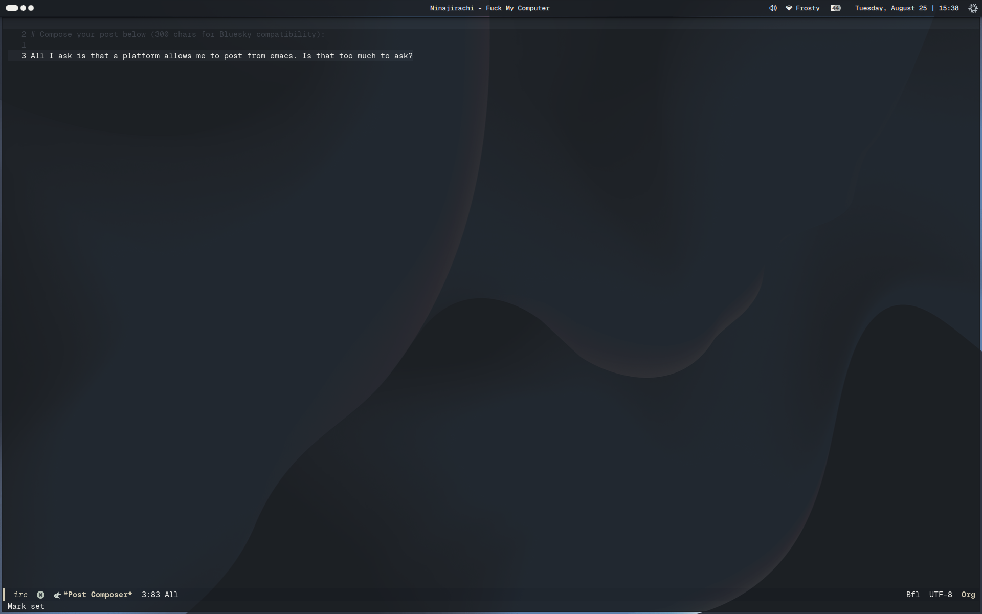 All I ask is that a platform allows me to post from emacs. Is that too much to ask?